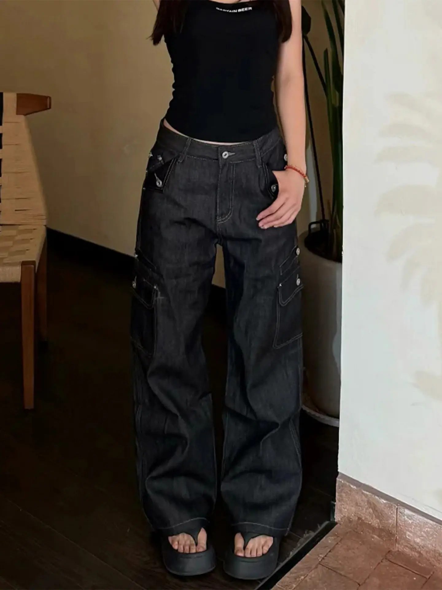 Jeans Women Black Vintage High Waisted Straight Denim Trouser Y2K 90s Hip hop American Streetwear Wide Leg Classic Denim Pants