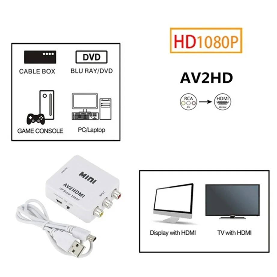 Adaptateur Composite RCA AV vers HDMI, convertisseur HD 1080P AV2HDMI pour projecteur HDTV PS3 PS4 PC DVD XBox