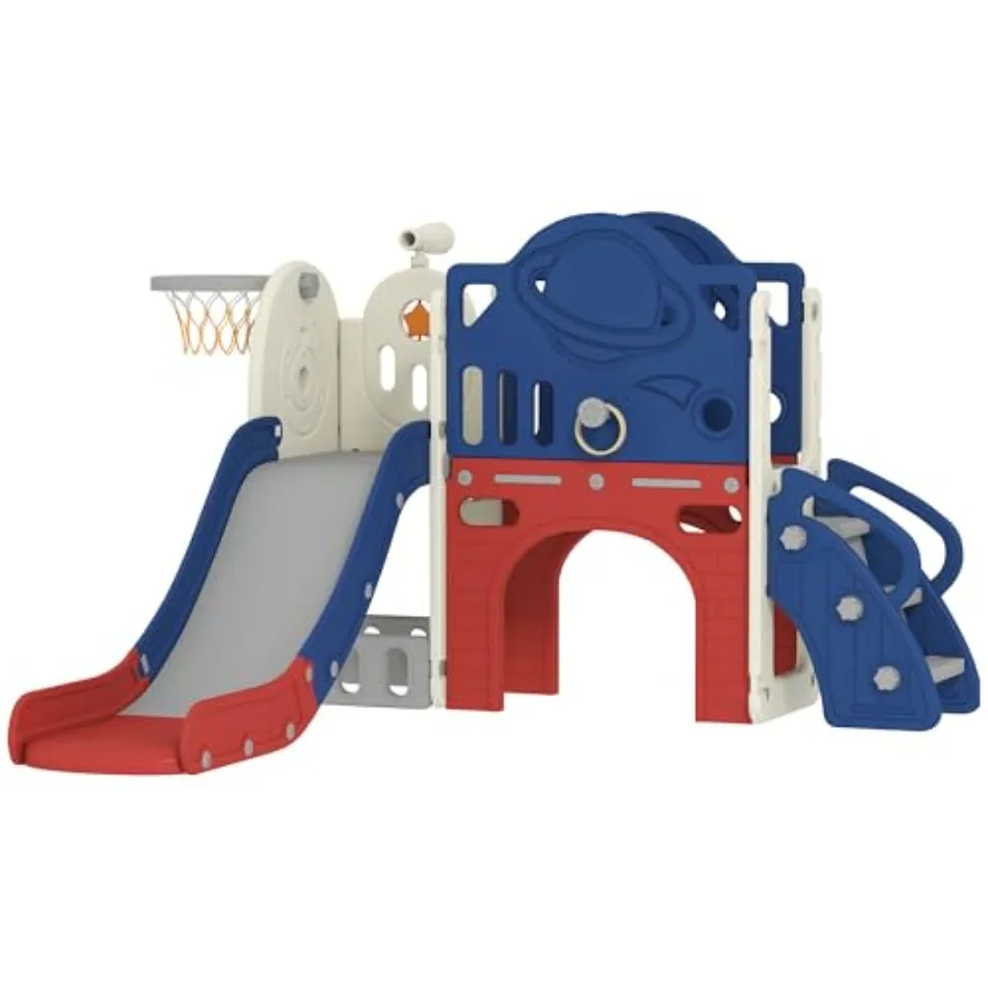 

8 in 1 Toddler Slide Set Climber Slider with Basketball Hoop and Ball Ring Toss Telescope Storage Outdoor Indoor Playground for