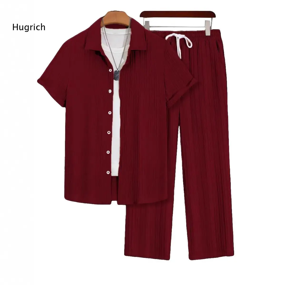 Men Summer Shirt Pant Set Turn Down Collar Short Sleeve Top And Drawstring Elastic Waist Long Pants With Side Pockets