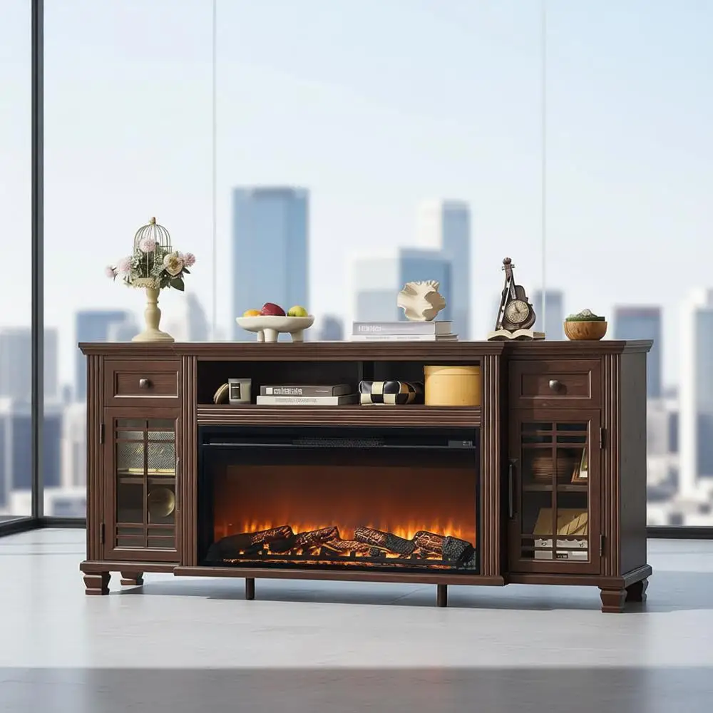 

Тумба под телевизор 70 дюймов с электрическим камином 36 дюймов, развлекательный центр для телевизоров до 80 дюймов, 2 шкафа со стеклянными дверцами, мебель для гостиной из орехового дерева