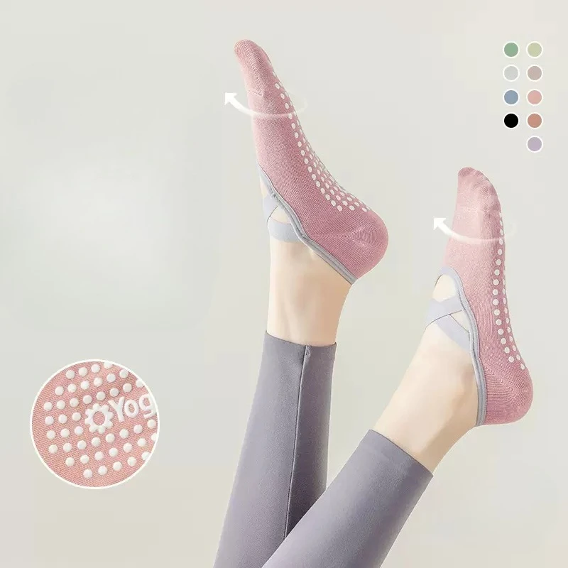 

Ladies Non Slip Yoga Socks with Silicone Straps Cotton Breathable Sweat Wicking for Dance Pilates Fitness