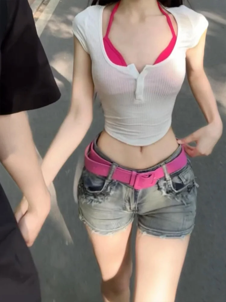 

Retro American Low Waist Elastic Denim Shorts Women Summer Thin Spicy Tight Fit Miniature Wide Leg Hot Pants Short Skirt