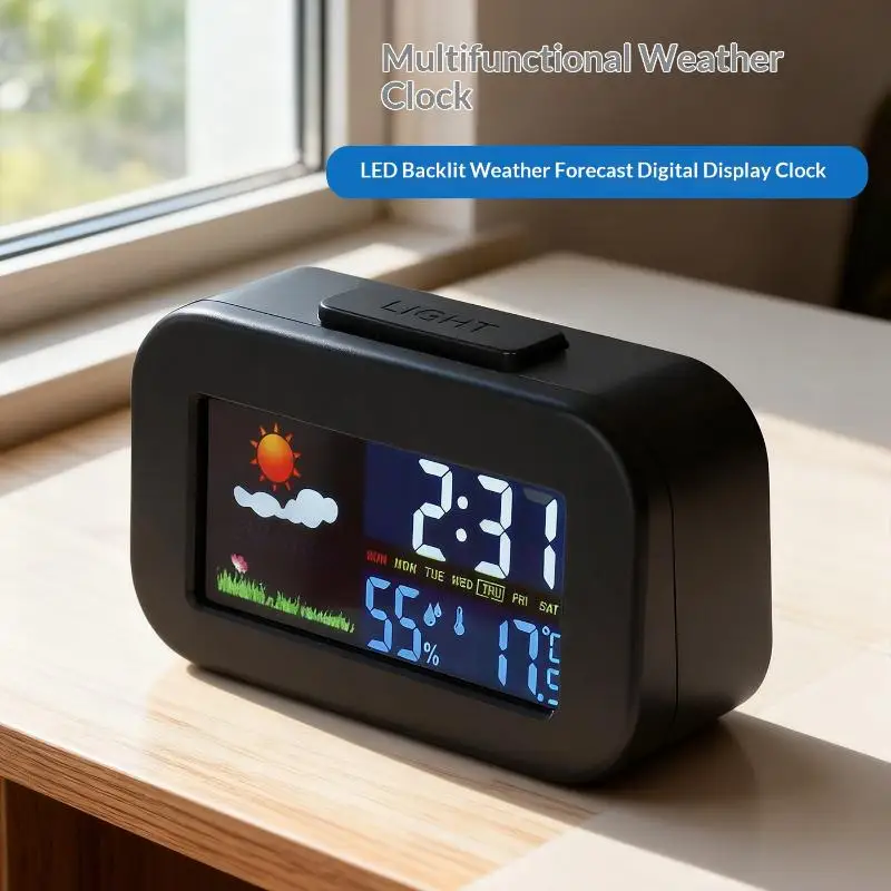 1Pc Digital Color Screen Weather Station Alarm Clock with Temperature Humidity Display Multifunctional LED Light Desktop Clock