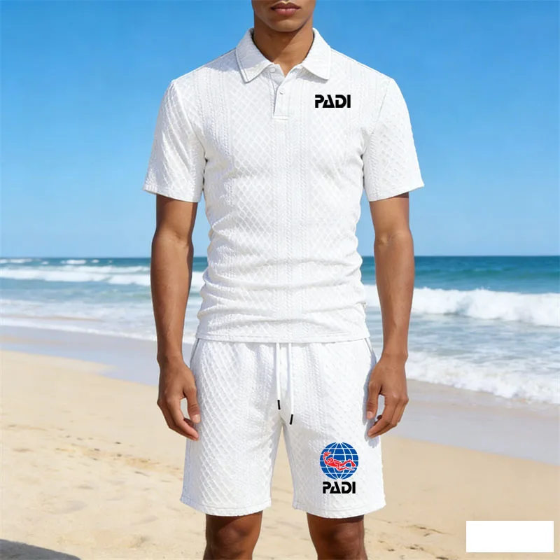 2026 new summer men's sportswear men's POLO shirt set fashion Scuba Driver Padi printed Lapel T-shirt + shorts men's 2-piece set