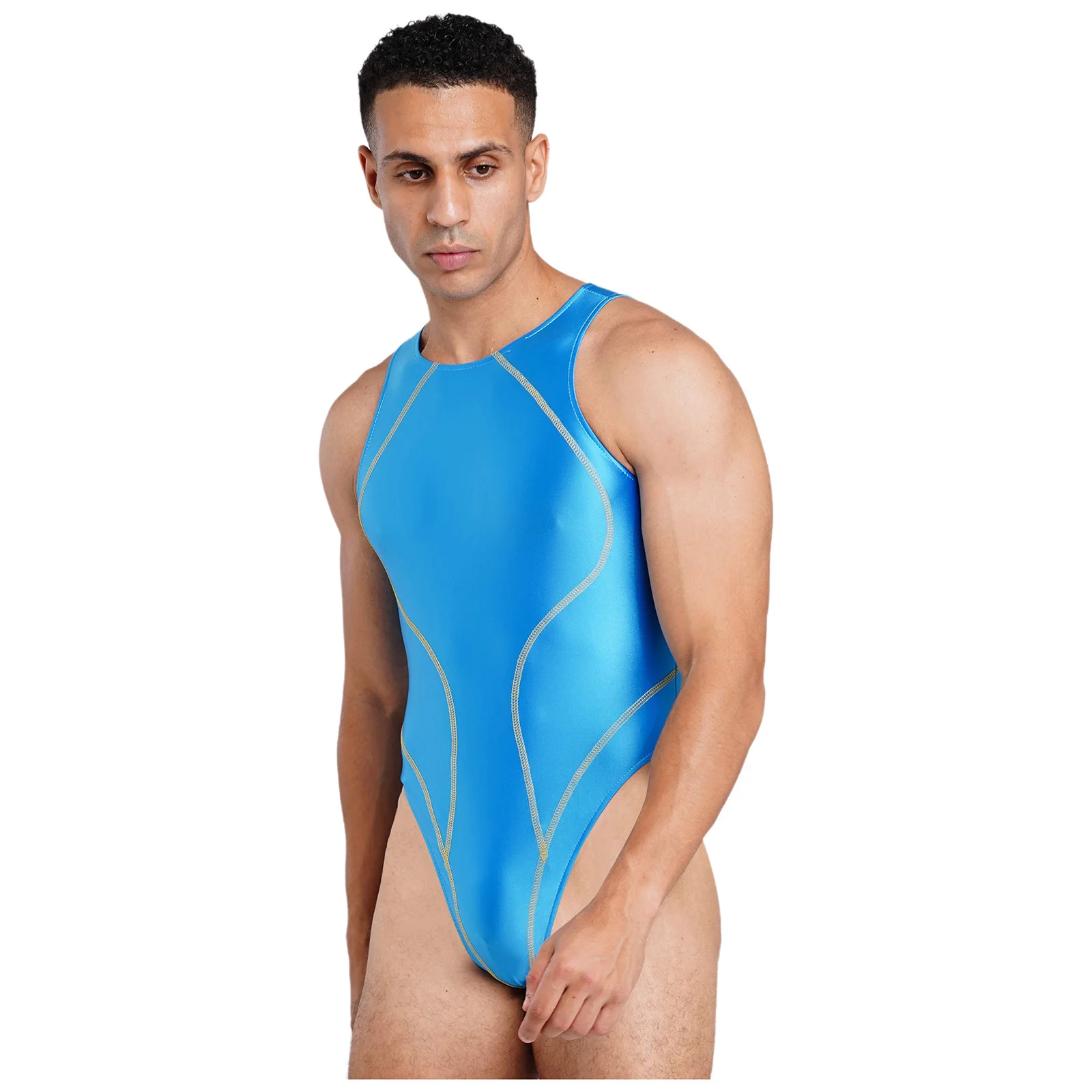Herren-Lingerie Ölglänzender Einteiliger Badeanzug Farbblock-Nähte Ärmellos Hochgeschnittener Bodysuit Bademode – Detail 8