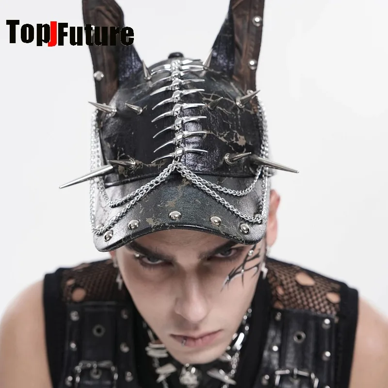 Gothic Punk Dark Rock Style Subculture Doberman Spikes Rivet Metal Chain Hat Y2K Vintage Alternative Devil Fashion Streetwear
