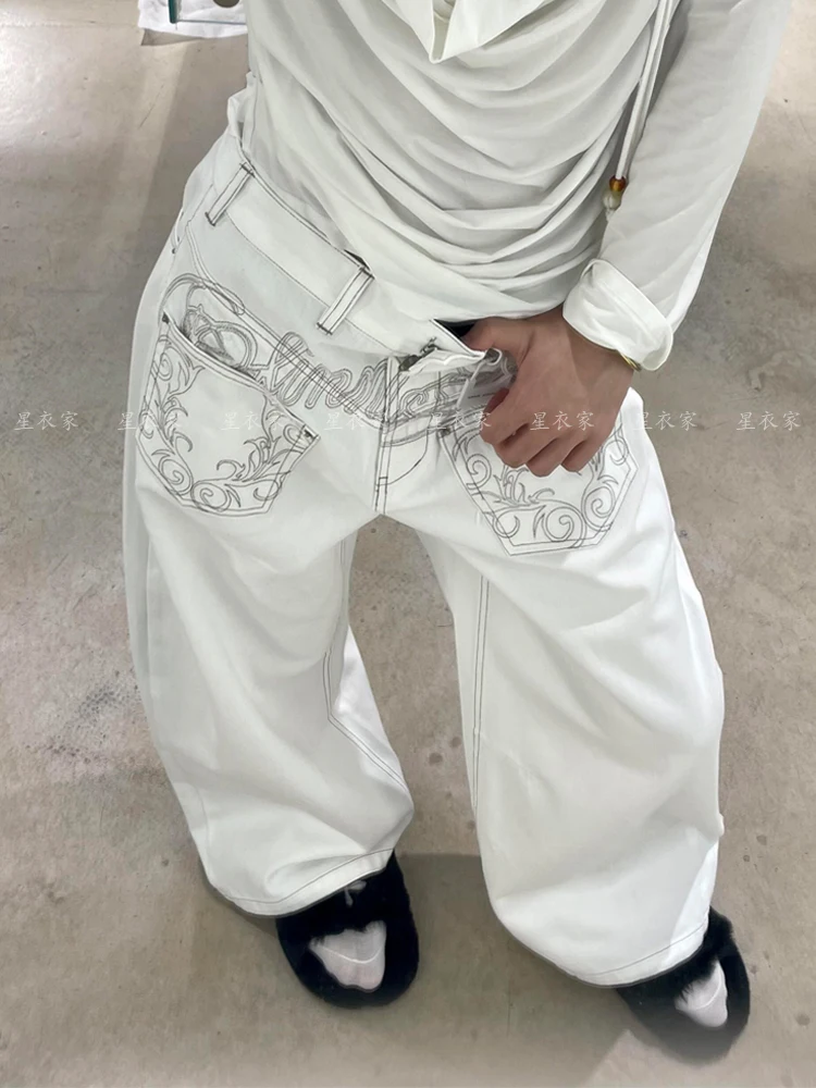 American Retro Pocket Embroidered White Jeans Woman Summer Fashion Niche Street Hot Girl Loose Casual High Waist Wide Leg Jeans