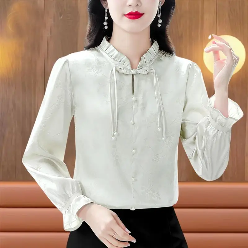 Fashion Elegant Chinese Style Women\'s 2024 Spring and Autumn New Spliced V-neck Button Fashion Solid Casual Long Sleeve Blouses