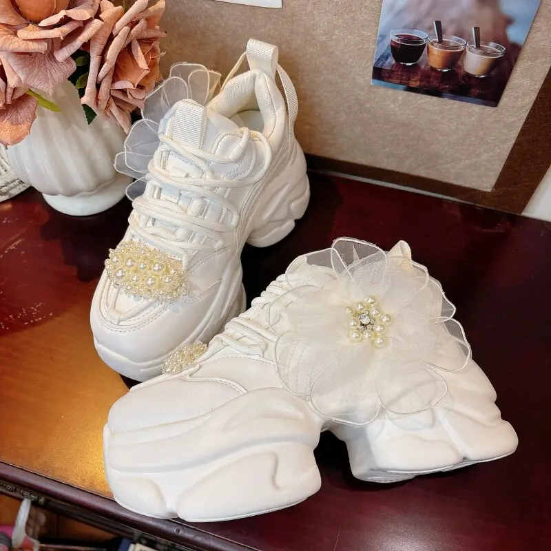 Original Spring Elevator Casual White Platform Chunky Sneakers Women Versatile Sweet Bow Pearl Decor Sneakers