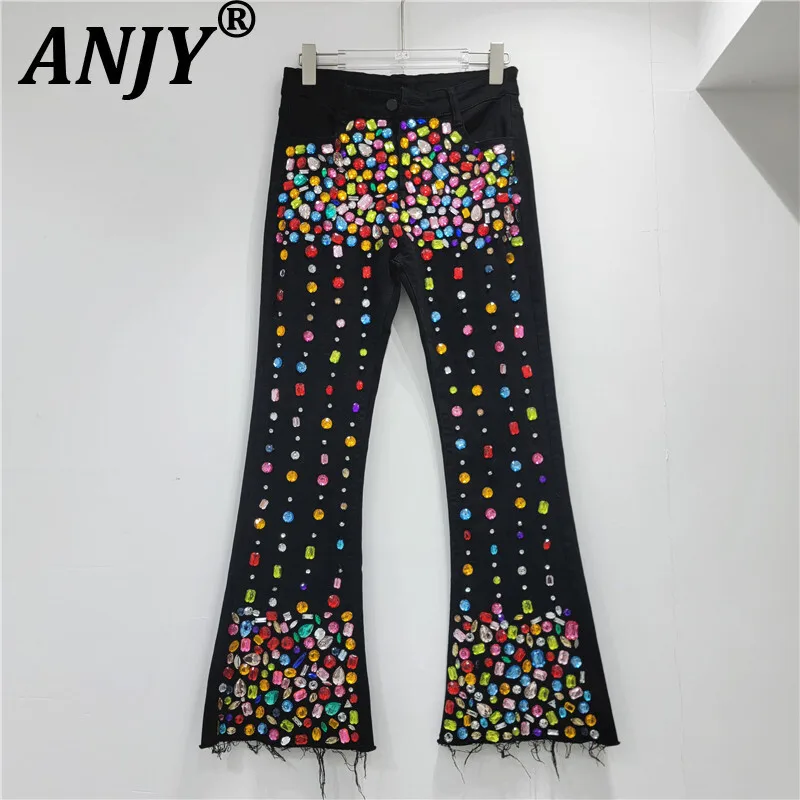 

ANJY Autumn New Women Tide Jeans Heavy Craft Studded Colorful Diamonds Slimming Streetwear Elegant Chic Denim Flared Pants A9594