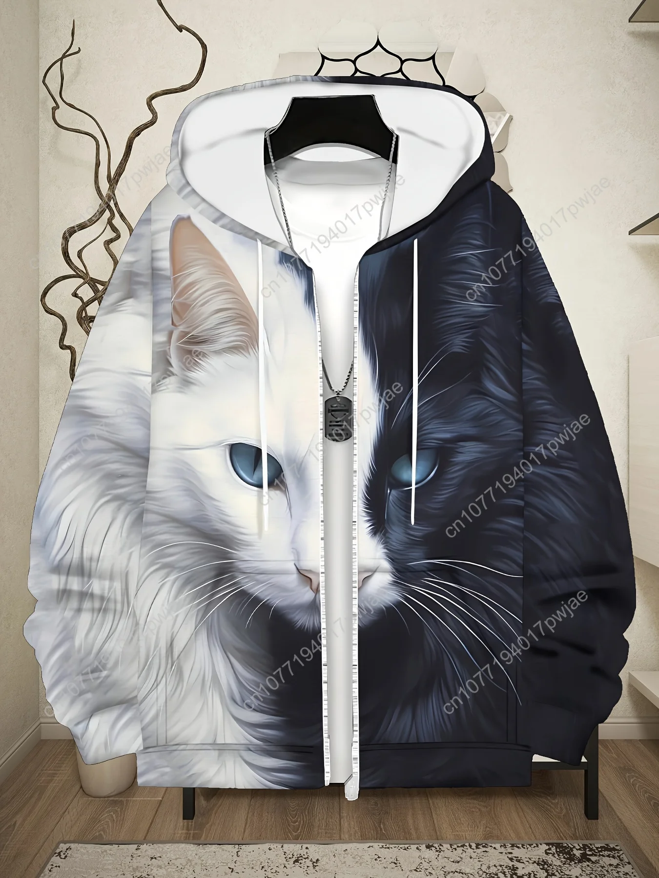 Elegante giacca invernale da uomo con cerniera e cappuccio con stampa faccia di gatto, motivo geometrico, cappuccio con coulisse e tasche - Comoda manica lunga D