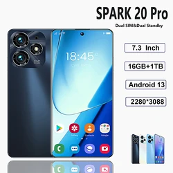 SPARK-Smartphone 20 Pro 5G, Qualcomm 8 Gen 2, 10 núcleos, 7,3 pulgadas, HD, 2280 3088 X, 16GB + 1TB, 32 + 50MP, 8000mAh, Android 13, GPS