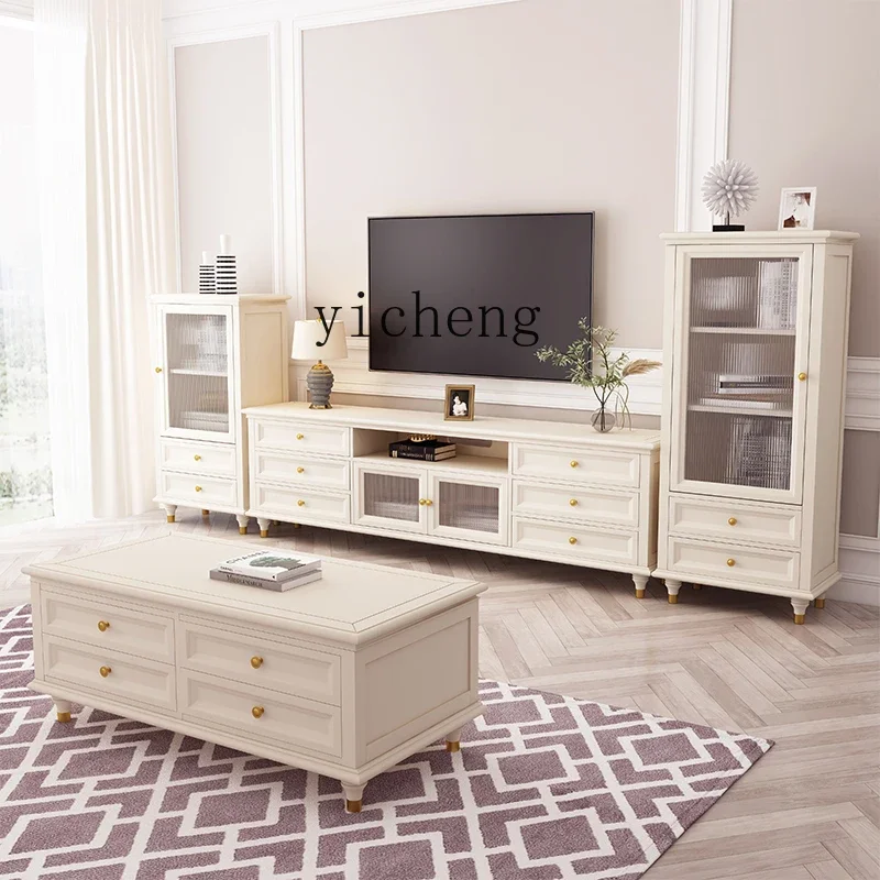 

ZZ solid wood TV cabinet white living room floor cabinet coffee table combination modern simple small apartment storage