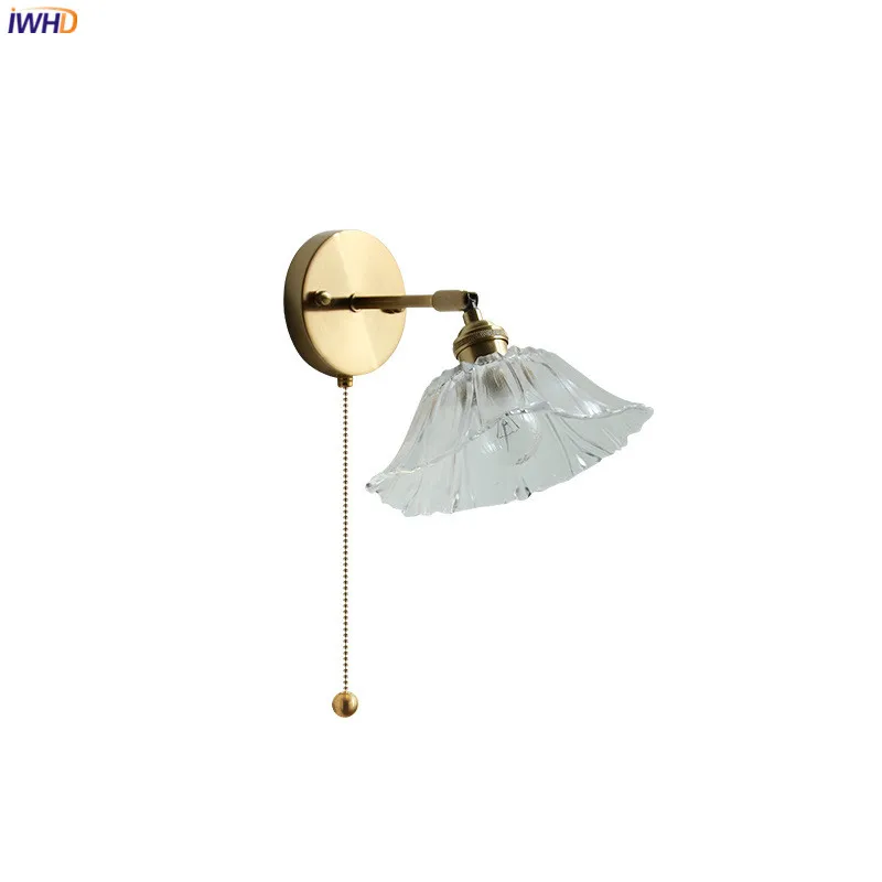 IWHD Pull Chain Switch LED Wall Light Fixtures Glass Lampshade Plug In Bedroom Beside Lamp Home Indoor Lighting Wandlamp Lampara