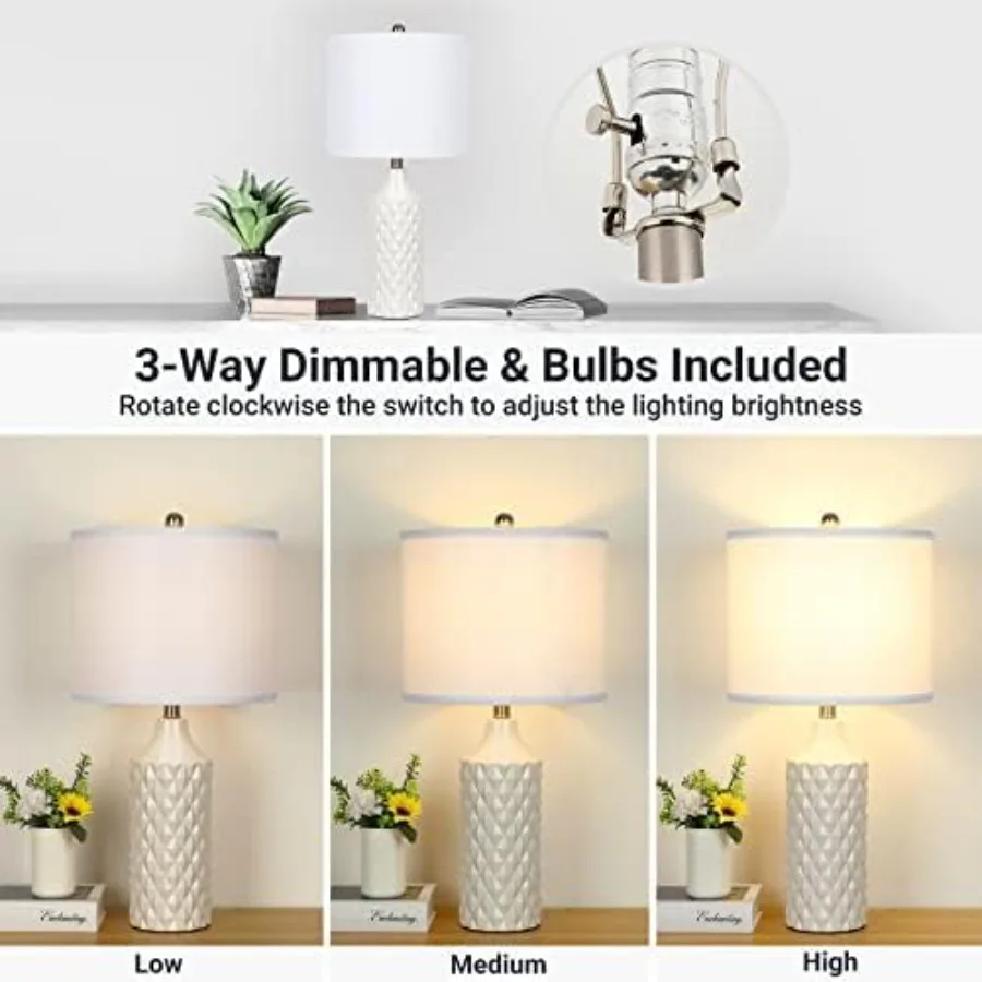 Ceramic Table Lamps Set of 2 White Modern Bedside 25" Nightstand Lamp 3-Way Dimmable Lamp for Bedroom Living Room Farmhouse Sid