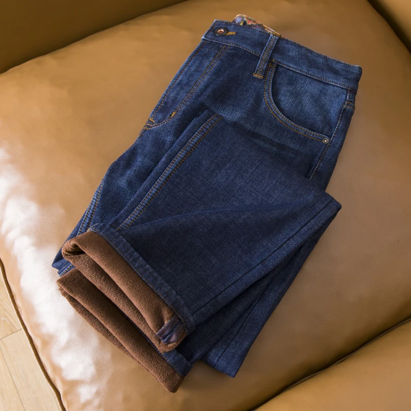 

Мужские джинсы с начесом, прямой крой, повседневные, теплые, осенне-зимние, с низкой посадкой, на молнии, модные, для дома, комфортные, облегающие