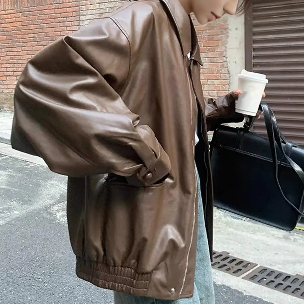 2025 Korean New Fashion Spring Autumn Women's Solid Color Turn-down Collar Long Sleeve Zipper Casual Trendy Loose Leather Coats view 5