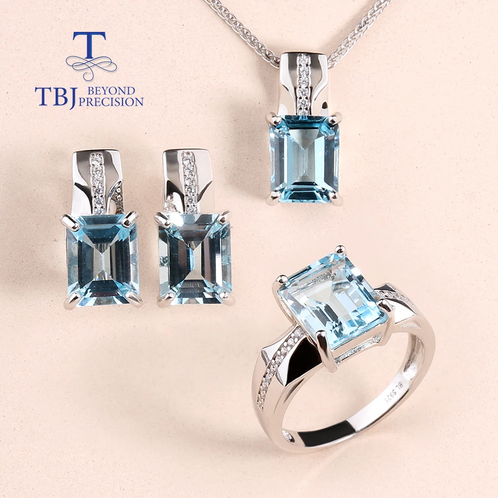 

Simple design Natural Sky Blue Topaz Ring Earrings Necklace Jewelry set 925 Silver Women fine jewelry