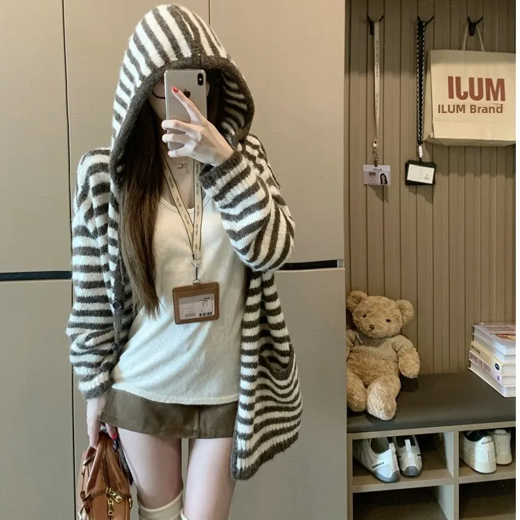 

Свободная вязаная шапка, свитер, женский шикарный осенний дизайн, повседневный длинный топ в полоску с ленивым узором, корейская версия