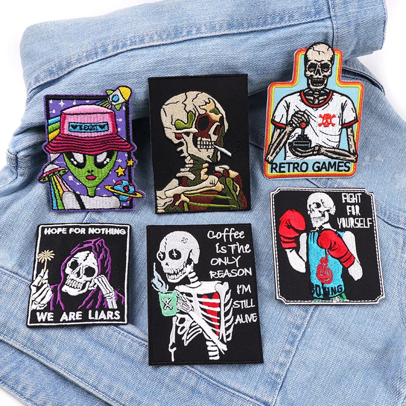 Square Horror Skull Embroidery Patch Rock/Punk Patch Iron On Patches For Clothing thermoadhesive Patches On Clothes Jacket  DIY