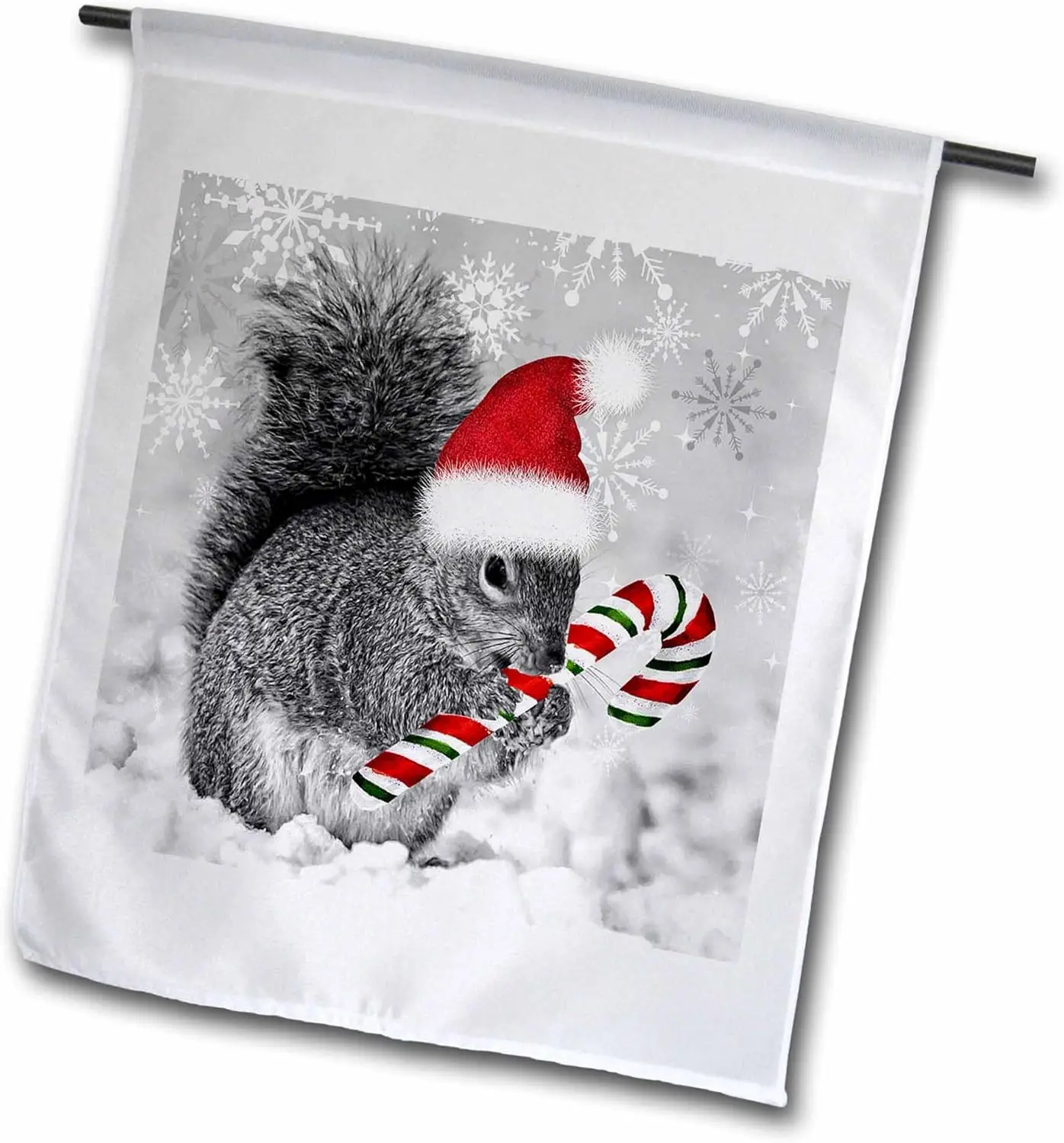 3dRose fl_150177_1 This Cute Christmas Squirrel Has a Candy Cane and a Santa Hat in Snow Covered Winter Landscape Garden Flag, 1