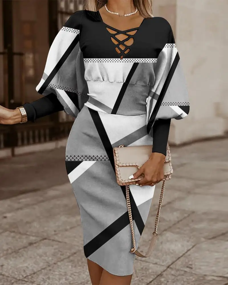 فساتين خريف 2024 للنساء فستان ميدي بأكمام واسعة مطبوعة هندسية Y2k Vestidos De Mujer رداء نسائي مكتب أنيق غير رسمي #3