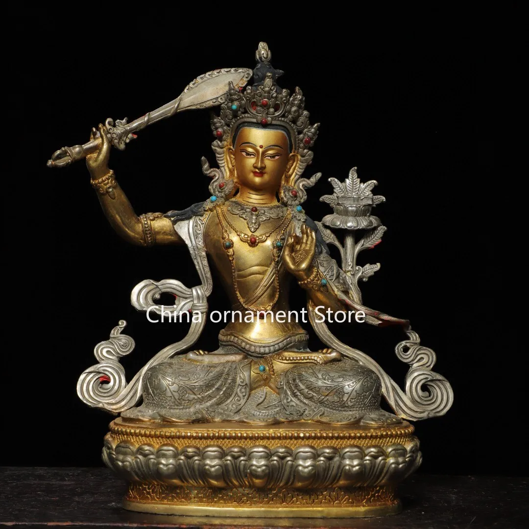 Tibetan Brass Gilt Painting Face Raising Sword Manjushri Bodhisattva Home Hall Worship Incense Case Ornament Supplies 31cm
