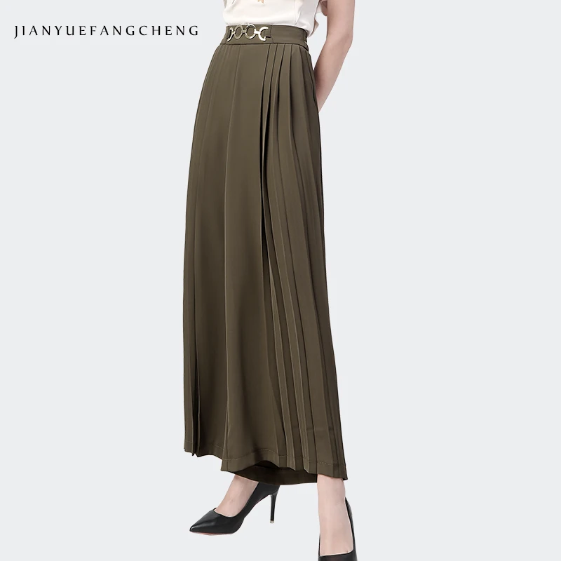 2022 Summer Women High Waist Pleated Wide Leg Pants Solid Color Loose-Fitting Straight Drop Long Trousers Casual Working Bottoms