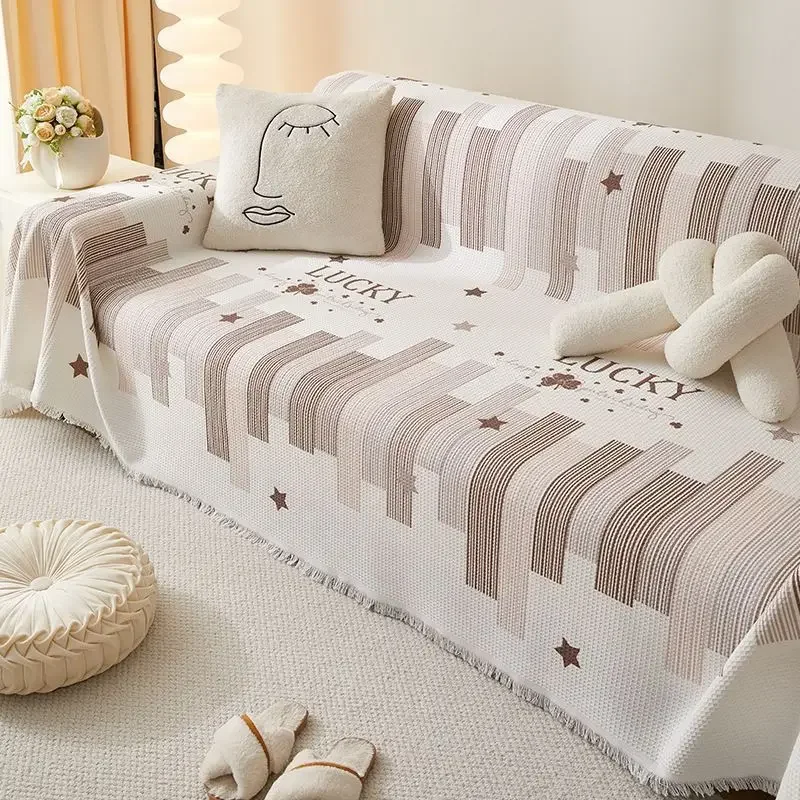 New Fully Covered One-piece Fringe Edge Sofa Towel Printed Sofa Cover Cloth Universal Type Home Office Waffle Couch Cushion