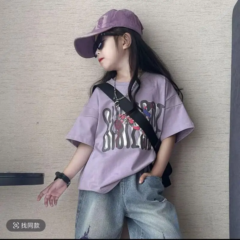 Kawaii Girls Summer 2025 Two Piece Set Loose Short Sleeve Ripped Jeans Outfit for Older Kids Trendy Casual Clothing Pants