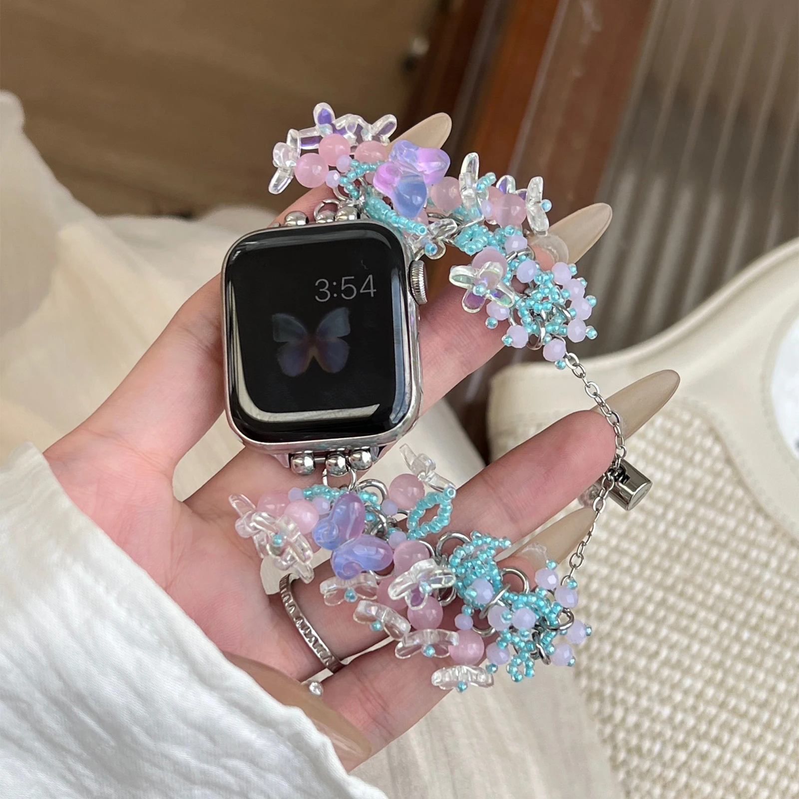 Correa de Metal para Apple Watch Band, pulsera de cuentas de arroz dulce para niñas, Iwatch98765SE Ultra40 41 44 45mm, muñeca ajustable de resina para mujer
