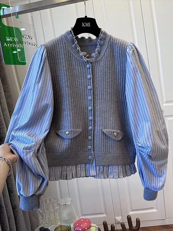 

Slimming Effect Loose Long Sve round Ne Striped Women's Top Korean Sle Button Plaet Cotton Polyester Blend Casual irt