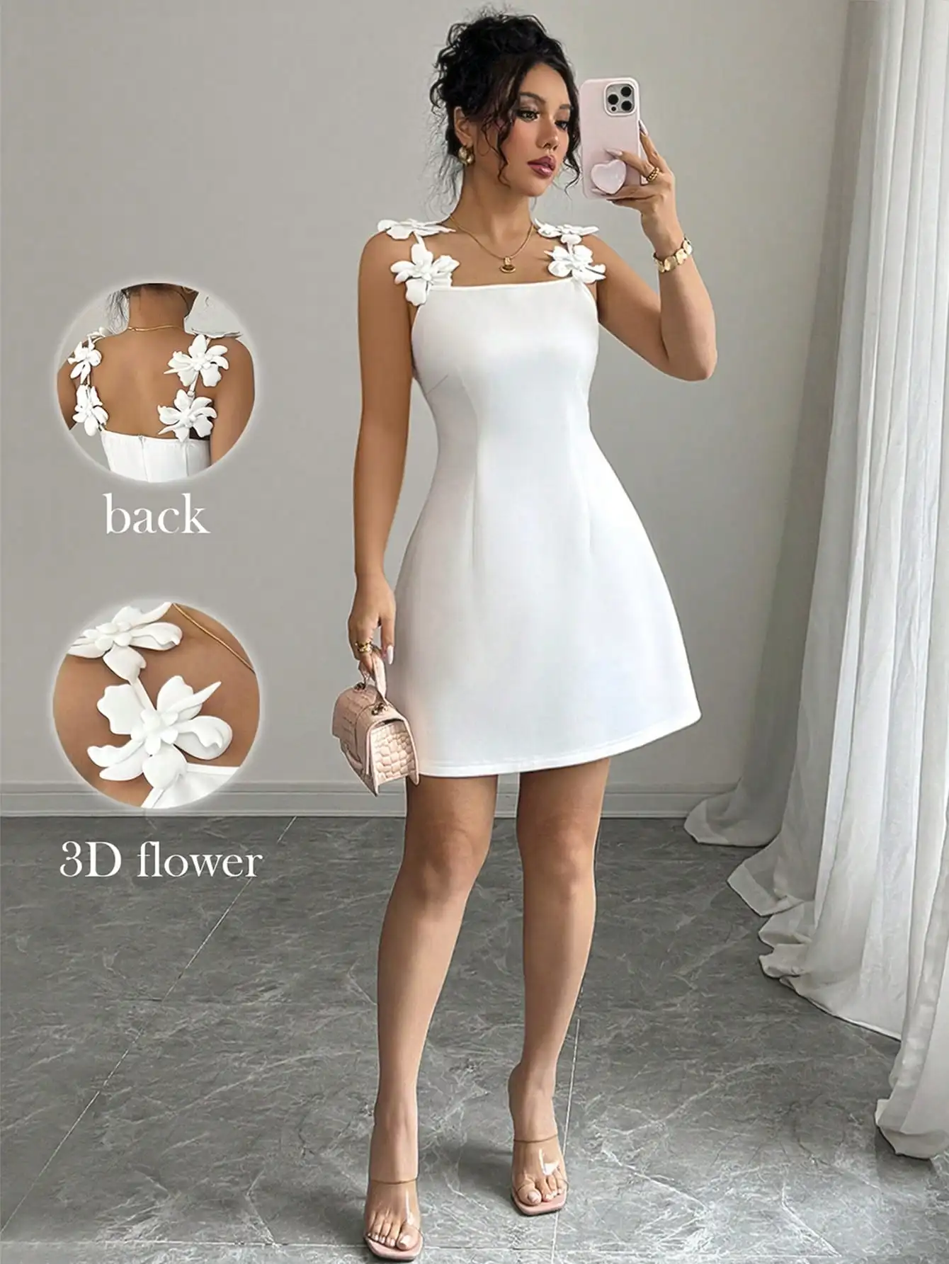 

Белое мини-платье А-силуэта с 3D-цветочным декором на плечах