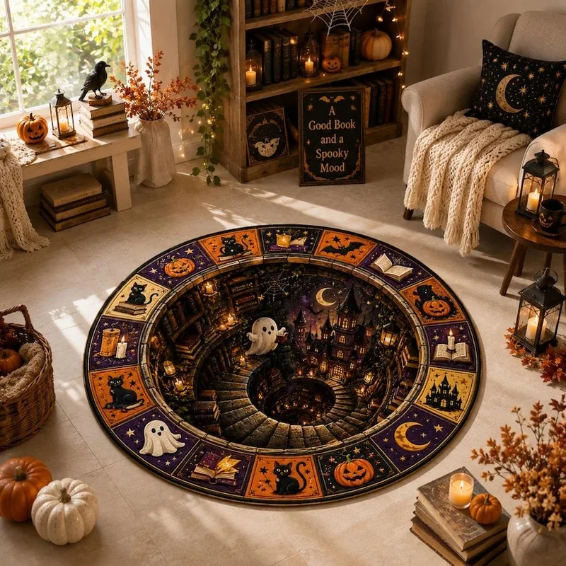 1PC Castle Ghost 2D Illusion Circular Carpet, Ghost, Black Cat, Pumpkin Pattern Printed Carpet, Suitable for Living Room, Bedroom, Bedside, Halloween Room Decoration, Party Set, Festival Gifts