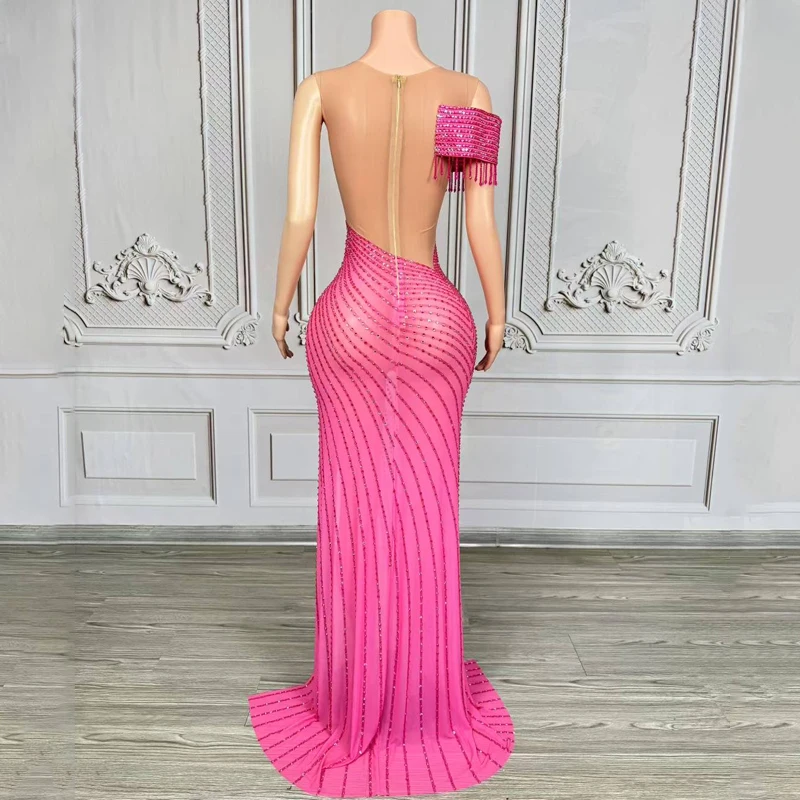 Vestidos de Noche rosas con diamantes de imitación para mujer, vestido de fiesta de celebración con diamantes, vestido de actuación en escenario, traje de pasarela de cantante, disfraz de Jazz