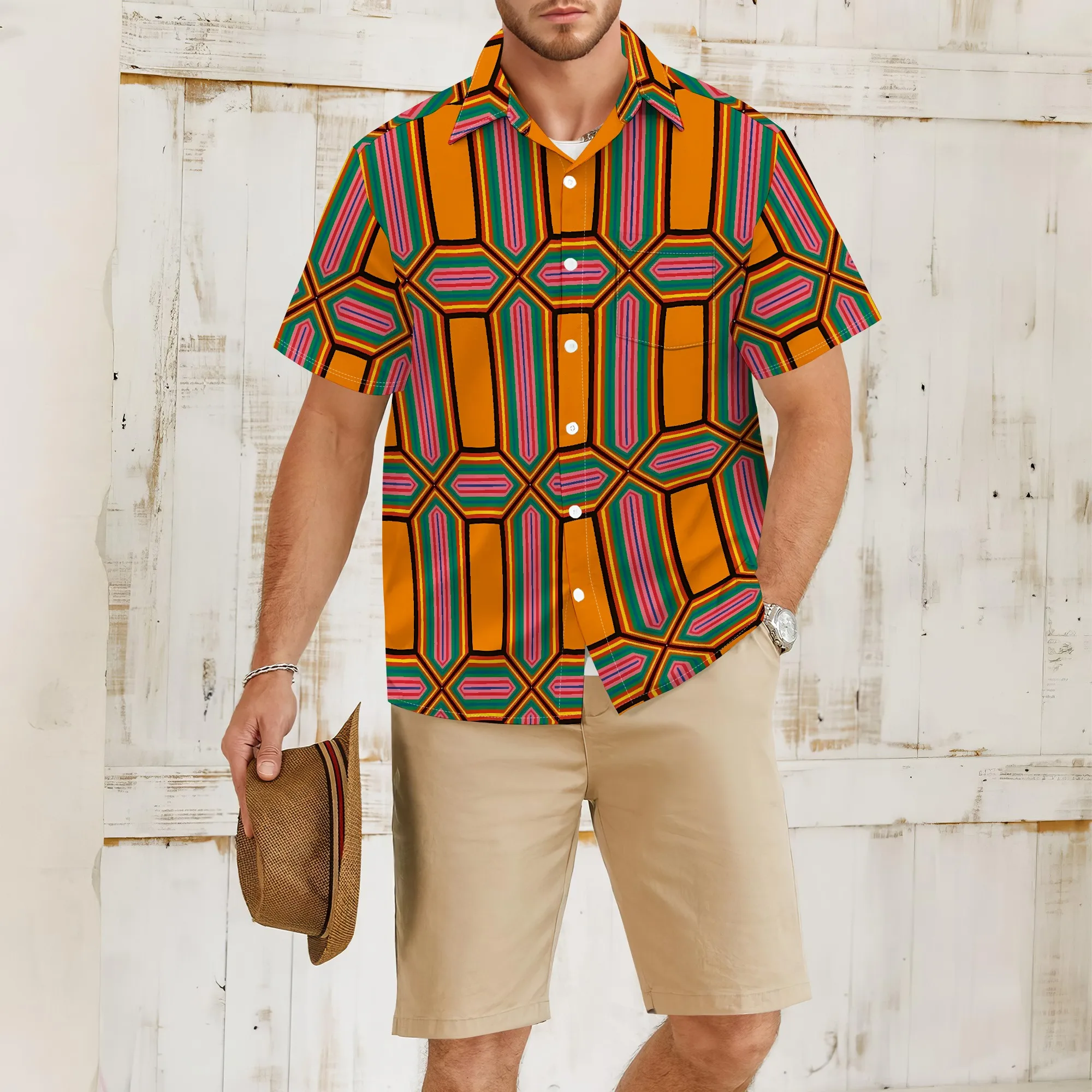 

YEAE Orange Geometric Print Shirt for Men Summer Casual Short Sleeve Top