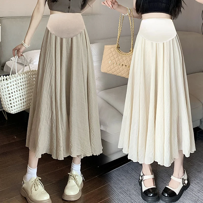 Summer Thin Ice Cool Linen Maternity Skirts Elastic Waist Belly A Line Bottoms Clothes for Pregnant Women During Pregnancy