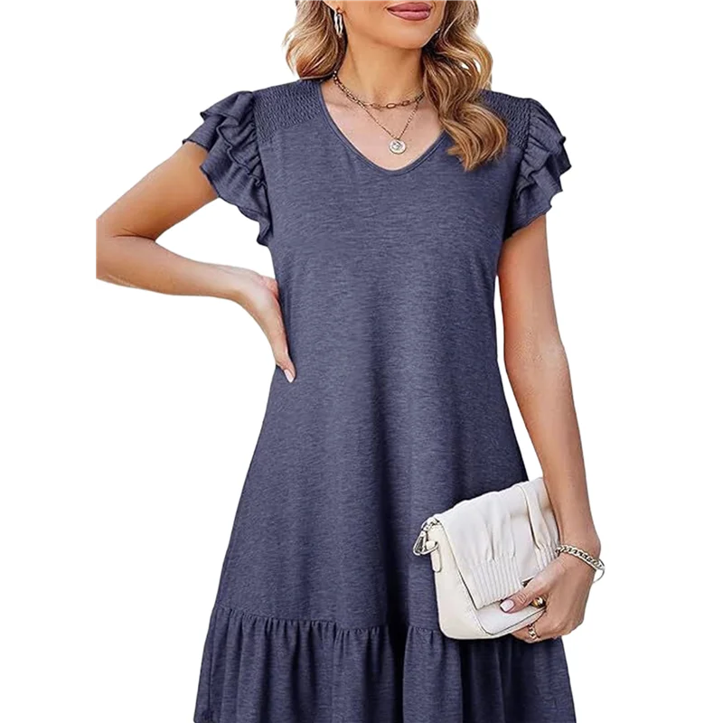CGS-Women Summer Dresses Ruffle Short Sleeve Smocked V Neck Casual Loose A-Line Swing Mini Dress Sundress