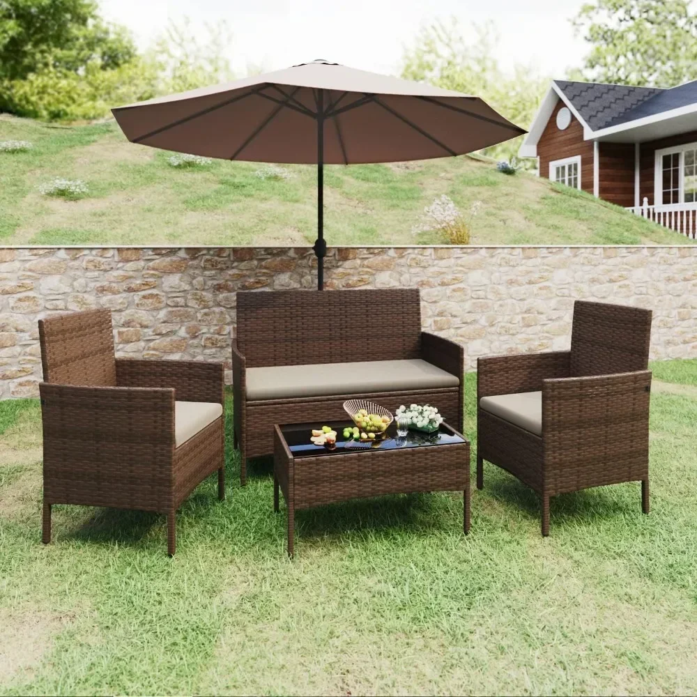 Buiten Sofa Set Van 4 Met Zacht Kussen En Glazen Tafel, Terrasmeubilair 4 Stuks Conversatieset, Outdoor Rieten Rotan Stoelen