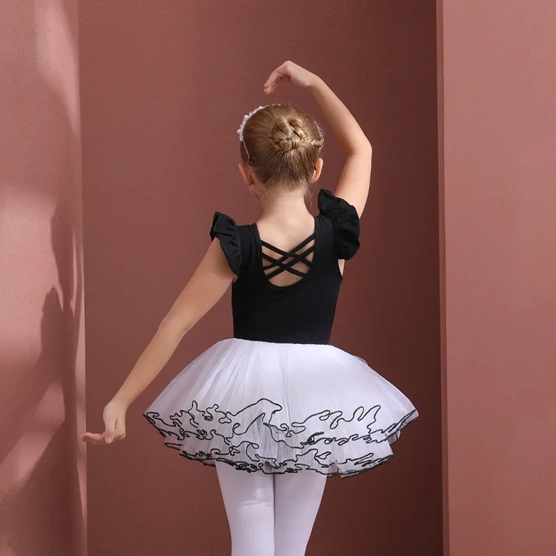 

Girl Dresses Flutter Sleeve Leotard Criss Cross Back 4 Layers Fluffy Tutu Skirt Korea Princess Gymnastics Skate Ballet Classic