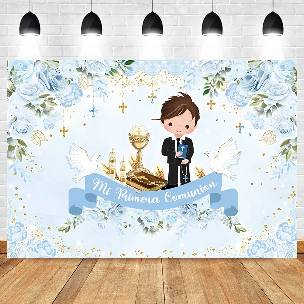 My First Communion Backdrop Boy Girl Baptism Balloon Flower Gold Cross God Bless Mi Primera Comunión Photography Background Deco