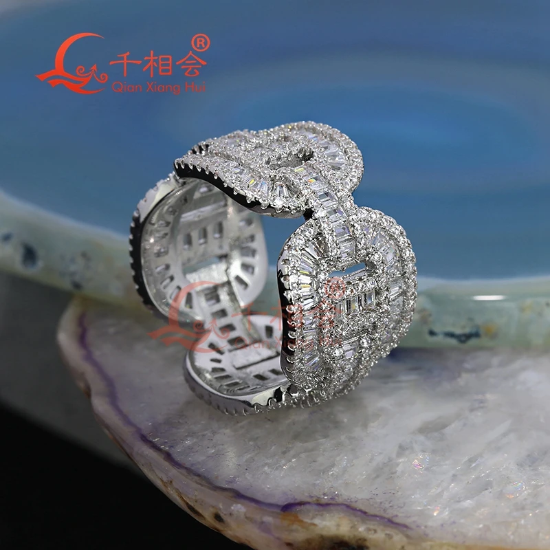 Sterling 925 Silver Moissanite Ring for Men Women 13.5mm Pig Nose Hip Hop Emerald Baguette Diamond Fine Jewelry