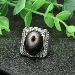 High Quality Rhinestone Crystal Setting Natural Dzi Agate Black Eyes Adjustable Brass Ring For Men Birthday Gift Jewelry