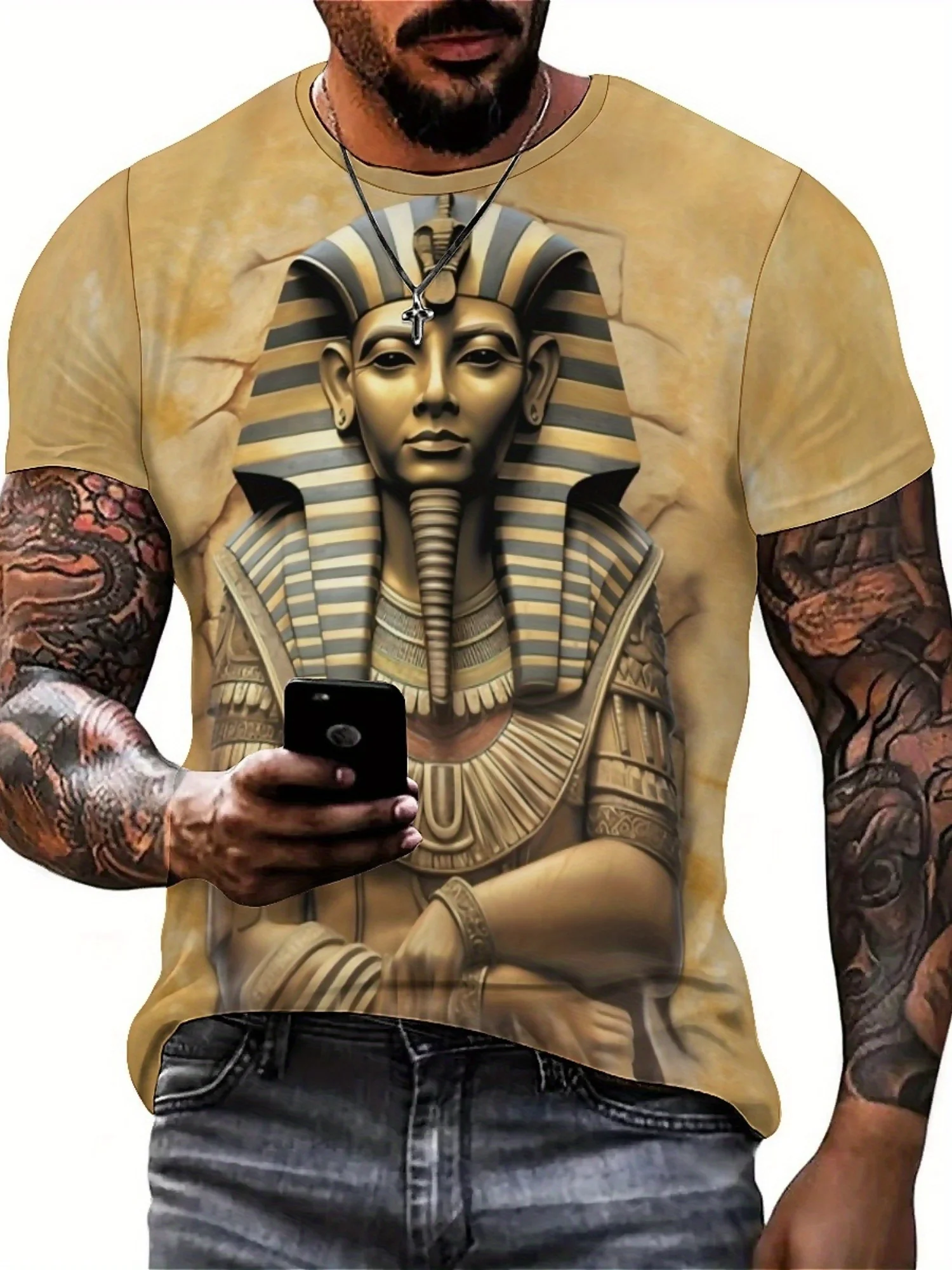 Camiseta masculina plus size com estampa 3D do faraó egípcio – estilo retrô Y2K respirável e confortável, manga curta com gola redonda