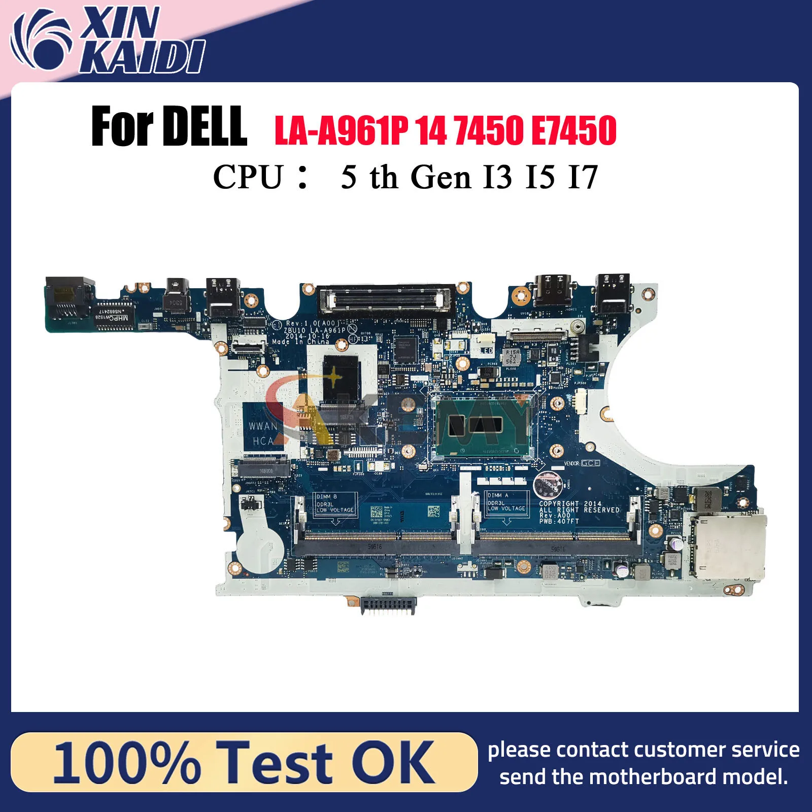 

For Dell Latitude E7450 7450 Notebook Mainboard LA-A961P 0R1VJD 0420PP 0TFVF9 0V2CCD 100% Tested OK