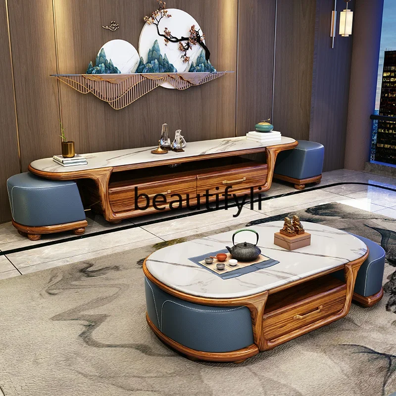 

Ebony solid wood new Chinese design medium and small apartment living room marble coffee table TV cabinet combination