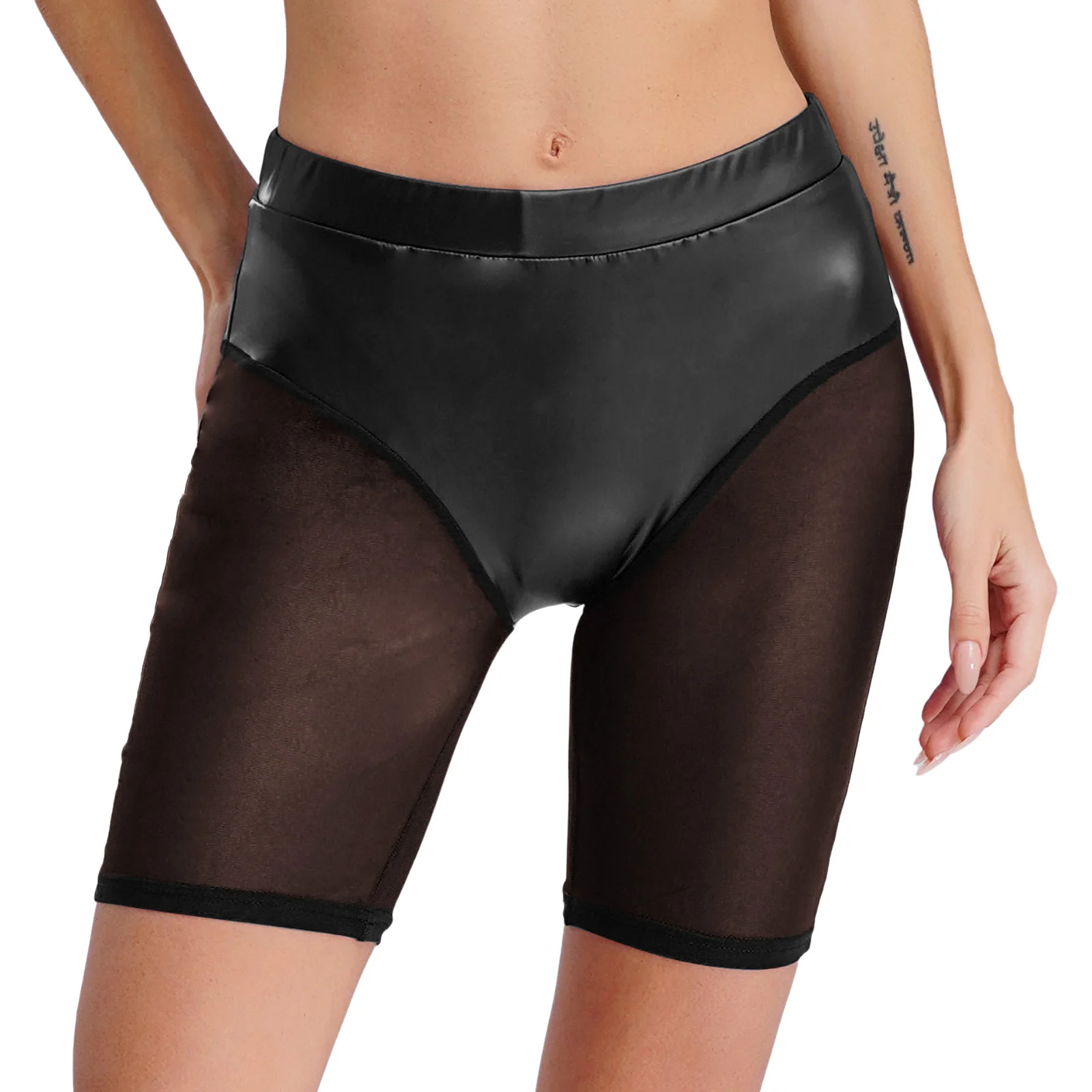 Pantalones cortos deportivos ajustados para mujer, pantalones cortos de Yoga para correr, pantalones cortos empalmados de malla de cuero sintético, pantalones cortos deportivos atléticos para ciclista de cintura alta