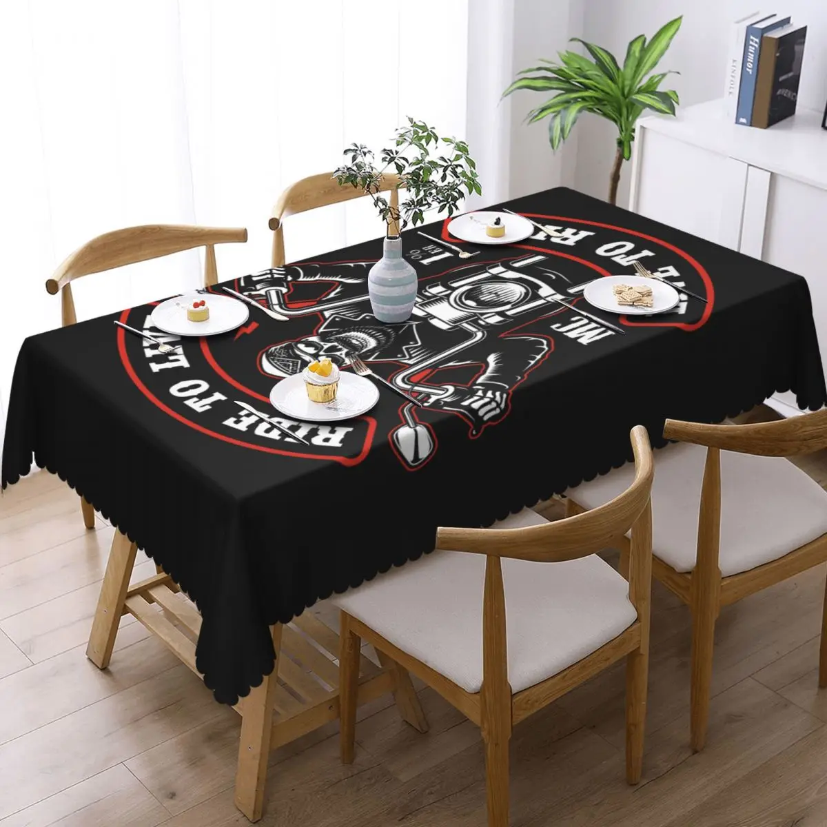 Custom Rectangular Waterproof Rockabilly Ride To Live Table Cover Rock Biker Skull Table Cloth Tablecloth for Dining