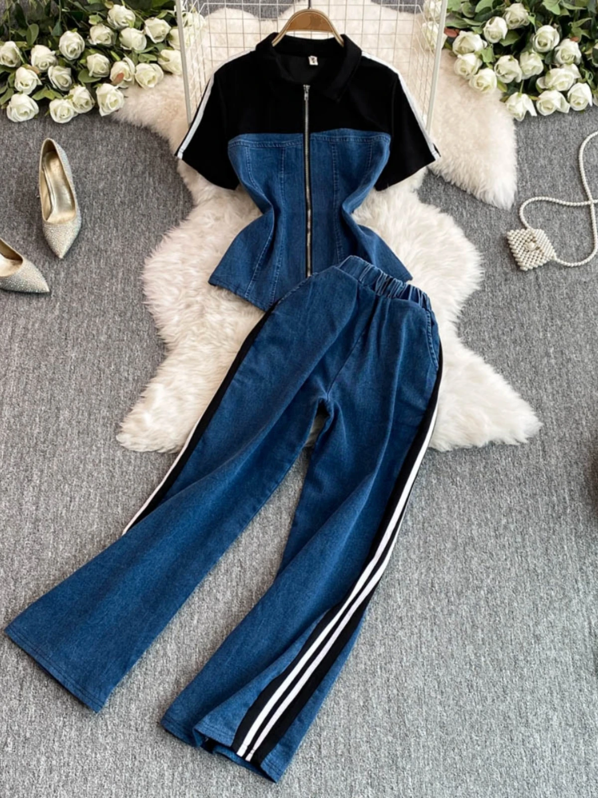 

Women'S Tracksuit 2025 Summer Fashion Casual Top Denim Striped Straight Leg Pants Set Woman 2 Piece Ladies Outfit Trousers Sets